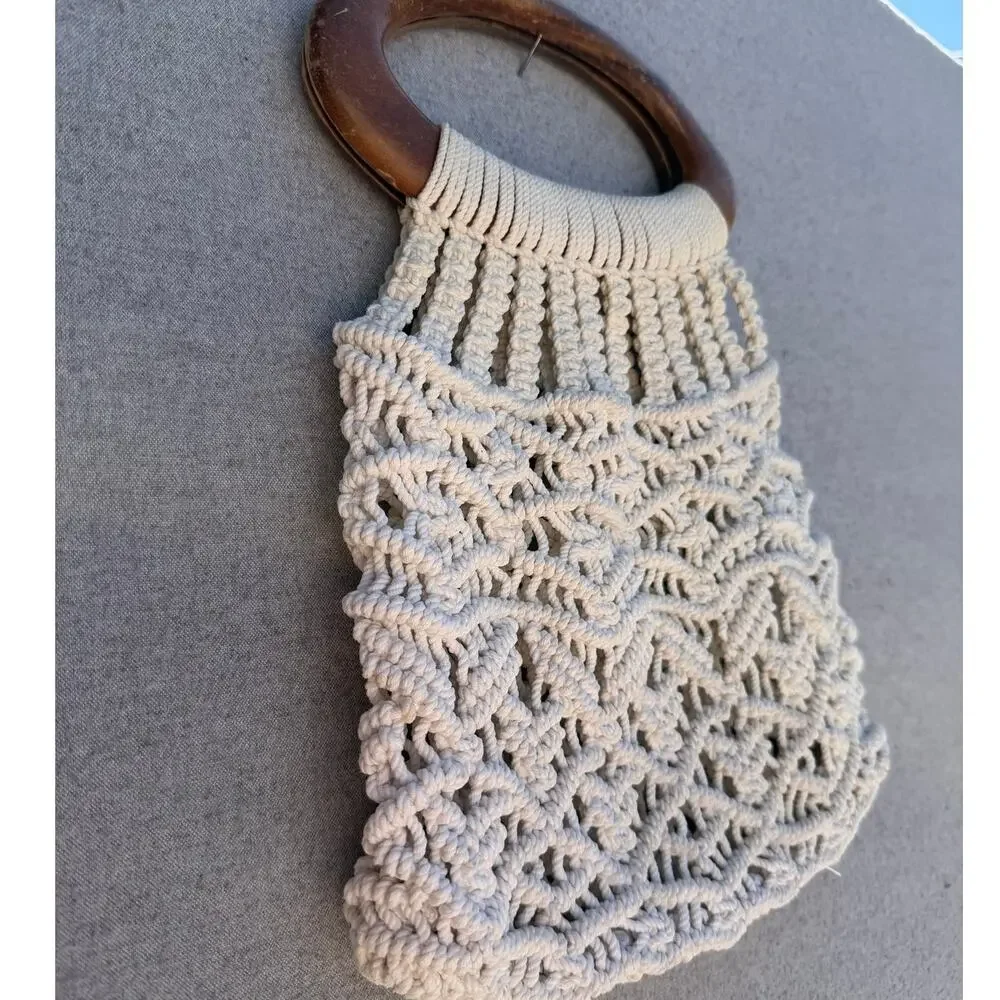 Vintage Macramé Handbag Wooden Handle Boho Ivory Rope Purse Unbranded